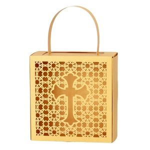 Detailed view of golden laser-cut cross gift box with pearlescent paper finish