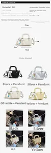 Detailed size chart and specifications for the PU leather crossbody handbag with charms