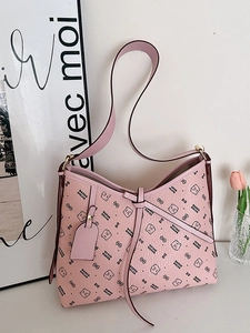 Women Vintage PU Leather Bucket Bag Large Capacity Monogram Printed Shoulder Crossbody Bag Cartoon Bear Commuter Tote Handbag