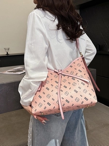 Pink vintage hobo bag with cartoon bear print and adjustable long shoulder strap