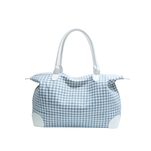 Large blue and white houndstooth travel tote bag with durable white leather handles
