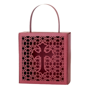 Laser-cut burgundy cross hollow gift box with geometric pattern and top handle