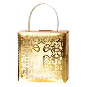 Golden hollow cross candy box with laser cut patterns and handle for wedding favors
