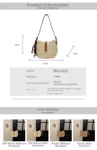 Detail view of handmade woven straw bucket bag with brown leather straps and dimensions