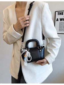 Women PU Leather Mini Shoulder Bag Lace Bow Artificial Pearl Pendant Sweet Girly Boston Handbag Crossbody Satchel Everyday Bag