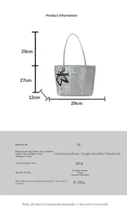 Detailed size chart for the silver faux snake skin tote bag showing dimensions and PU fabric
