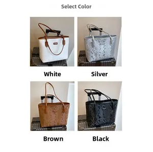 Collage of large tote bags in snakeskin pattern showing white, silver, brown and black colors