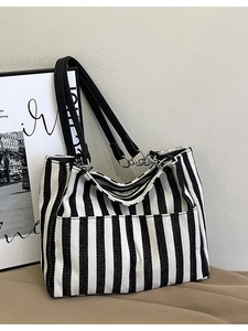 Sac Fourre-tout en Toile à Rayures Contrastées Grande Capacité Sac à Épaule Femme Avec Bandoulières en Cuir et Chaîne