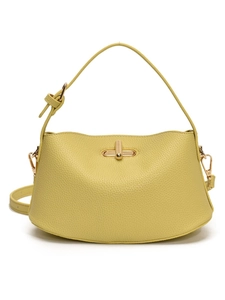 Minimalistische hellgelbe Lederhandtasche mit goldenem Drehverschluss und Schultergurt
