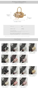 Detailed size chart for PU leather handbag measuring 19x11x7cm with lace pearl charm