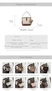 Detailed size parameters and color options for the printed bucket bag with dimensions