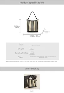 Detailed size specifications and material chart for large striped canvas tote bag