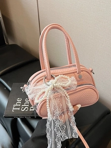 Women's Fashion PU Leather Pebble Grain Boston Bag Sweet Crossbody Shoulder Handbag With Lace Bow Pearl Pendant Elegant Daily Small Bag