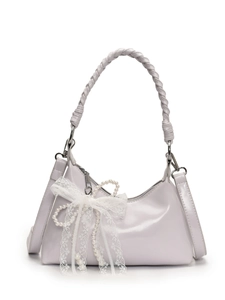Sac hobo lilas avec poignée tressée et charm nœud en dentelle et perles femme