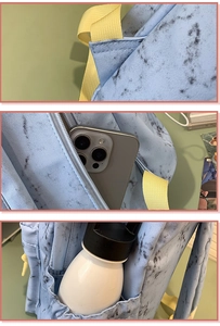 Detalle de mochila azul mármol con correas amarillas reforzadas y bolsillos laterales