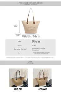 Detailed size specifications and color comparison for large straw tote bags in black and brown