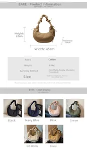 Size chart for pleated crescent shoulder bag with 45cm width and 22cm height details