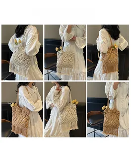 Détails du sac cabas en crochet fait main avec motifs géométriques et longues franges