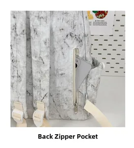 Detail of a hidden anti-theft zipper pocket on marble pattern backpack with phone storage