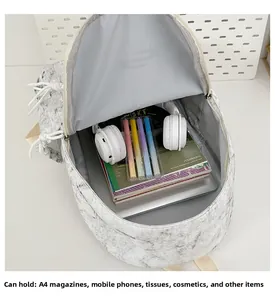 Macro view of large grey marble backpack interior showing laptop and school supplies