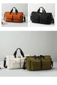 Collage of canvas travel bags in four colors showing large front pockets and straps