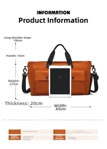 Orange oxford travel bag dimensions diagram showing 45cm width and 0.5kg lightweight design