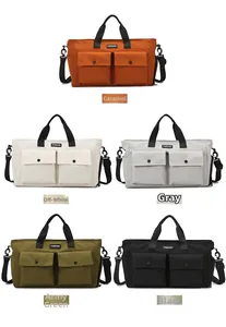 Five colors of canvas travel bags including caramel, off-white, grey, green, and black