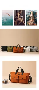 Detail view of large travel bags in multiple colors with waterproof fabric and handles