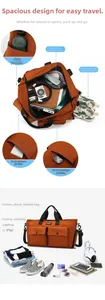 Detail view of burnt orange travel bag showing dedicated shoe compartment and wet dry storage