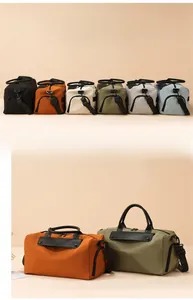Detailed comparison of multi-color canvas travel bags with leather handles and straps