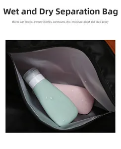 Detail of waterproof wet-dry separation pocket with silicone bottles and water droplets