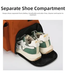 Detail view of the travel bag featuring a dedicated ventilated shoe compartment for sneakers