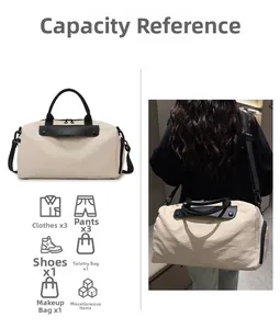 Detail view of large beige canvas gym bag capacity showing storage for clothes and shoes