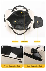 Detail view of large travel bag with shoe compartment and waterproof internal pockets