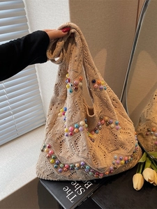 Women's Bohemian Knitted Hollow Shoulder Bag Handmade Crochet Tote Bag With Colorful Artificial Pearls Beach Vacation Casual Bag
