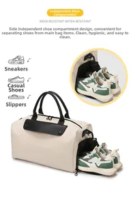 Detail of travel duffel bag featuring a separate ventilated shoe compartment
