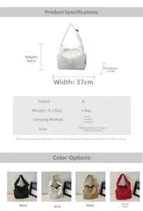Detailed size specifications and color options for large canvas hobo crossbody bag