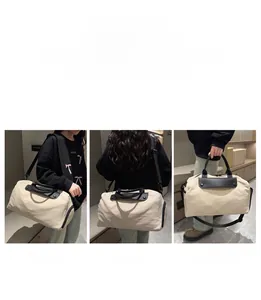 Detail of waterproof beige travel bag shown in shoulder, crossbody, and handbag styles