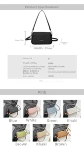 Detailed size chart and multi-color specification for minimalist PU leather crossbody bag