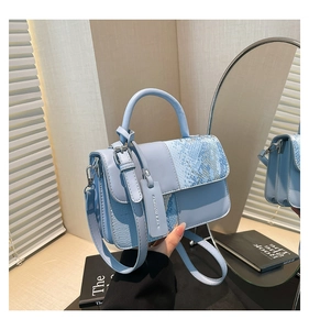Détail du sac à main en cuir PU bleu clair avec motif serpent et boucles argentées