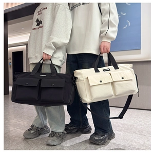 Black and beige travel bags showing dual front flap pockets and adjustable straps