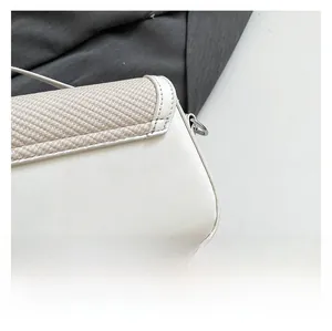 Detail of white leather and beige woven fabric texture with silver metal buckle on bag