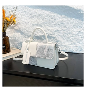 Détail du sac bandoulière blanc avec empiècement serpent argenté et étiquette mode