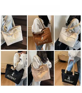 Detailed views of the large canvas tote bag showing white, brown, and black color options