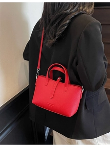 Red lychee texture leather handbag with shoulder strap and silver hardware