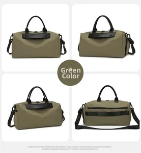 Green canvas gym bag with wet dry separation and luggage sleeve for short travel