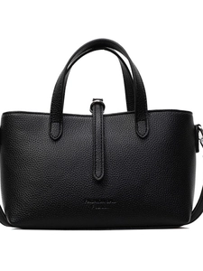 Retro black leather bucket bag with top handles and pebble grain texture for women