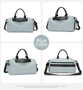 Blue waterproof sports bag with trolley sleeve and adjustable black shoulder strap