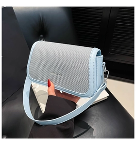 Close-up of light blue shoulder bag with leather trim and gray woven texture detail