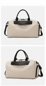 Front and side view of travel duffel bag showing zippers and compartments